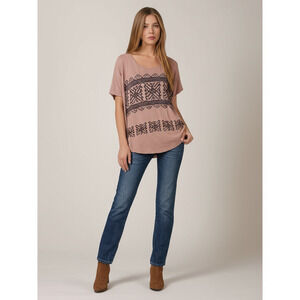 Vocal Womens XLarge Dusty Rose Rhinestone Geometric Short Sleeve Top Bohemian